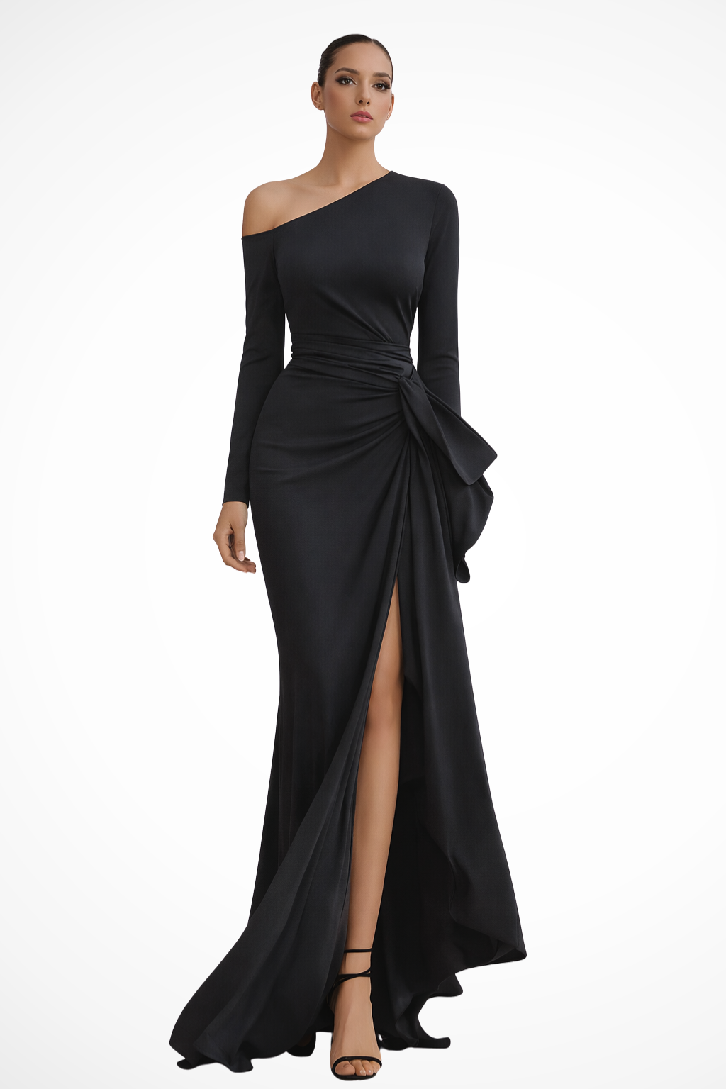 One Shoulder Long Sleeve Ruched Maxi Dress with High Slit Wedding Guest Gown