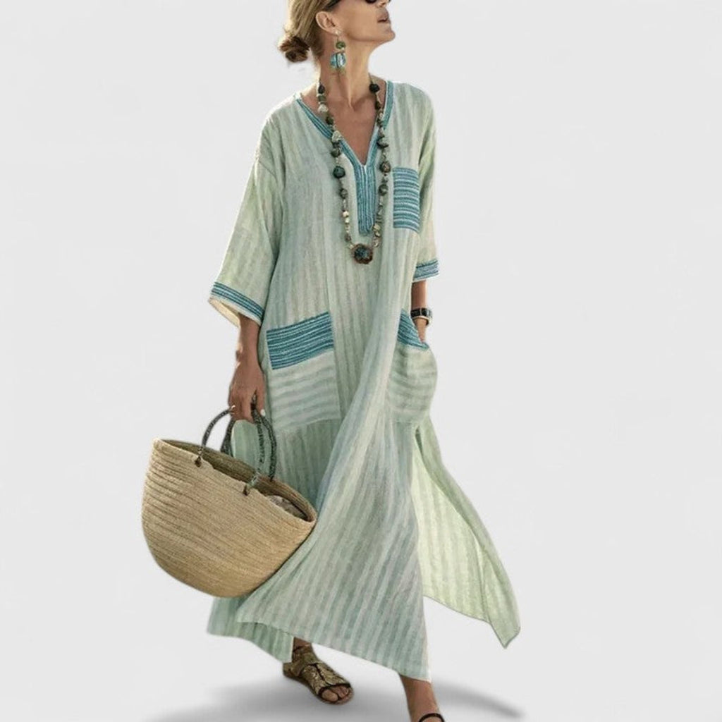 Boho Maxi Dress with Pockets V-Neck Striped Kaftan Loose Fit Beach Vacation Apparel