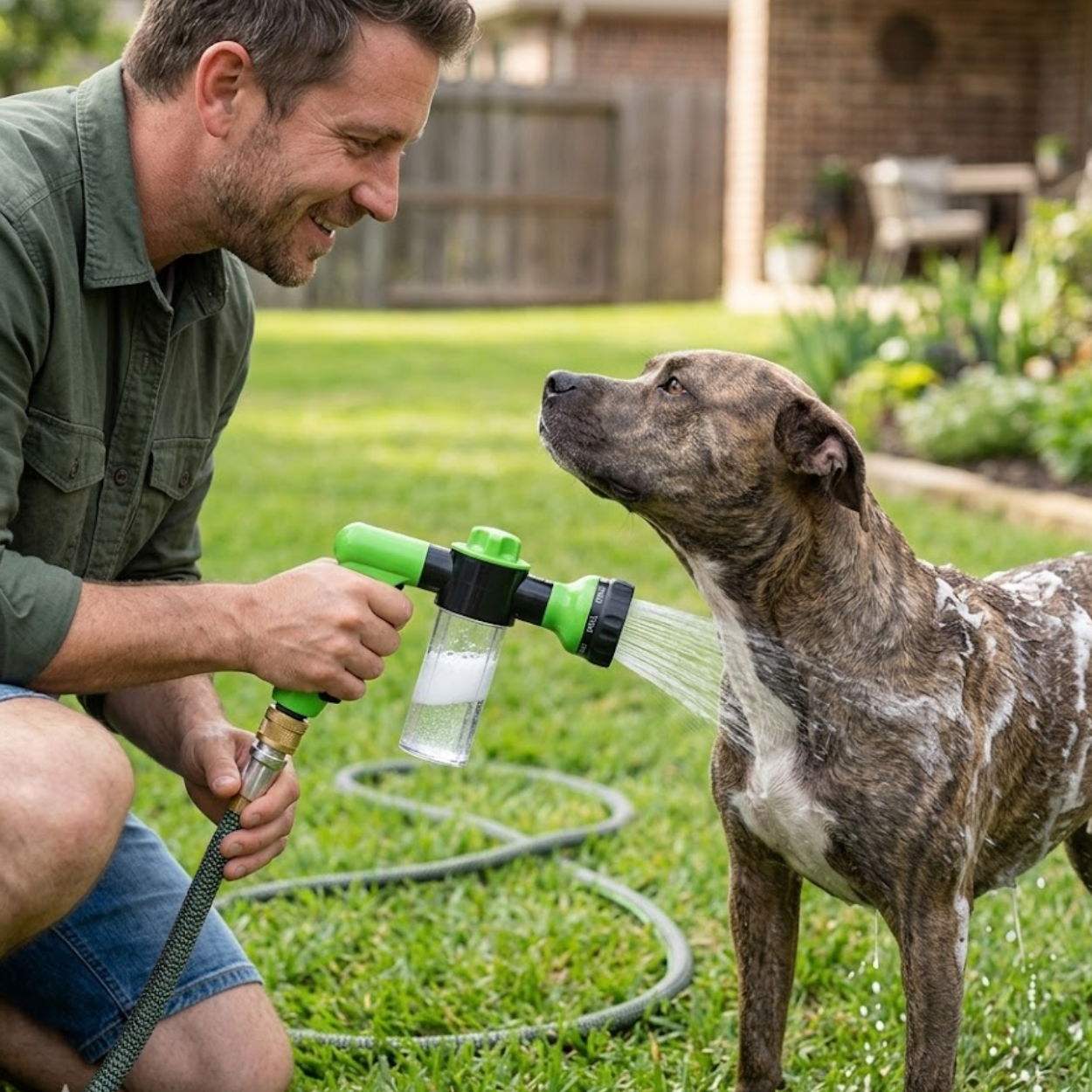 Pet Shower Sprayer Nozzle with Foam Soap Dispenser for Adjustable Dog Bath Cleaning