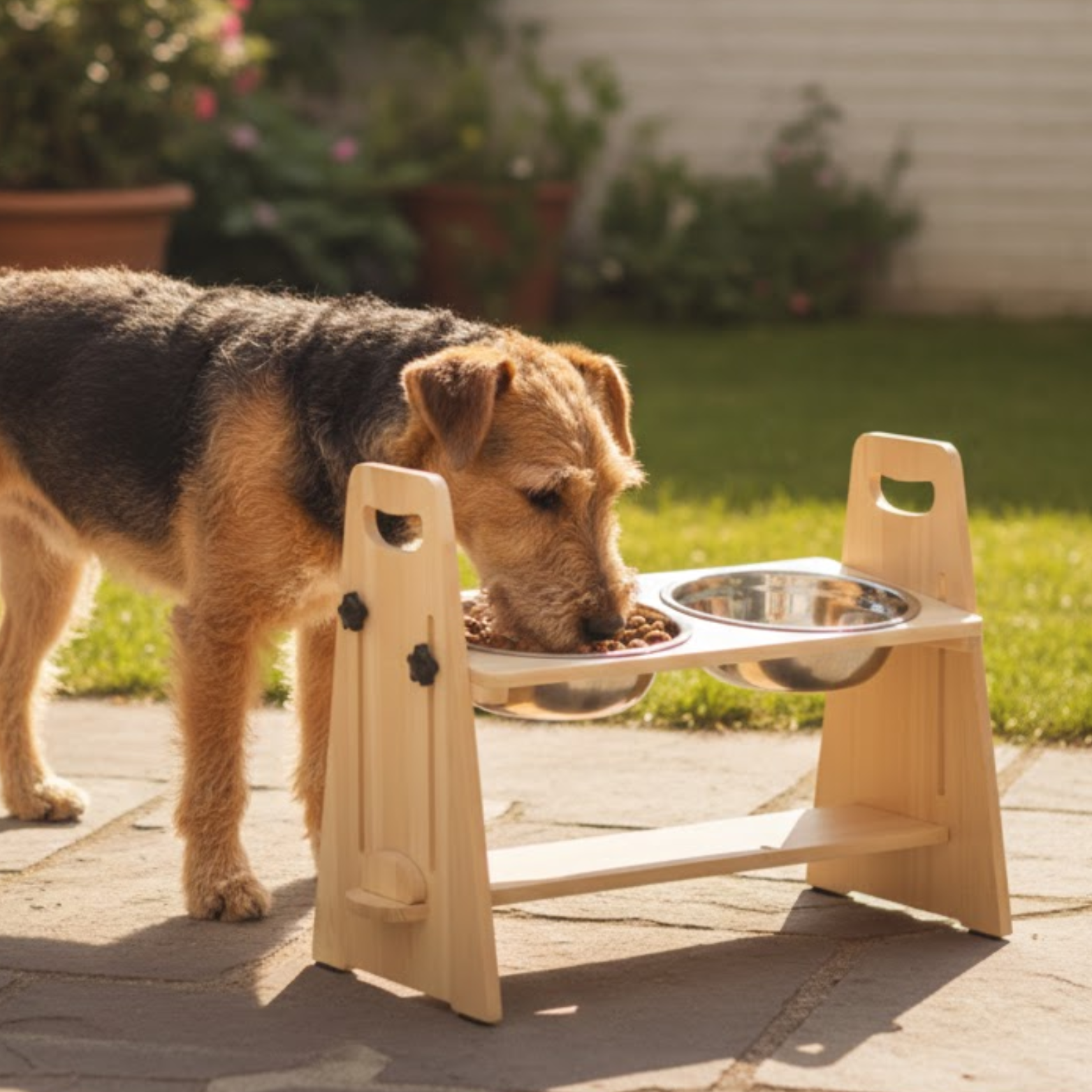 Adjustable Elevated Dog Feeder Pine Wood Stand with Stainless Steel Bowls