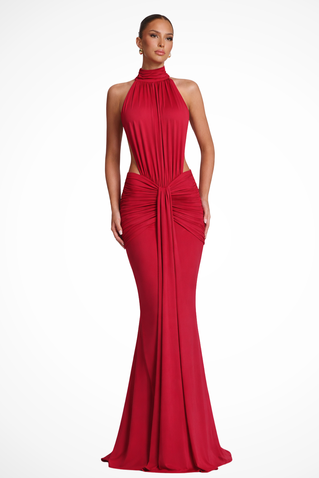 Halter Neck Backless Ruched Maxi Dress Bodycon Wedding Guest Gown with Side Cut-Outs