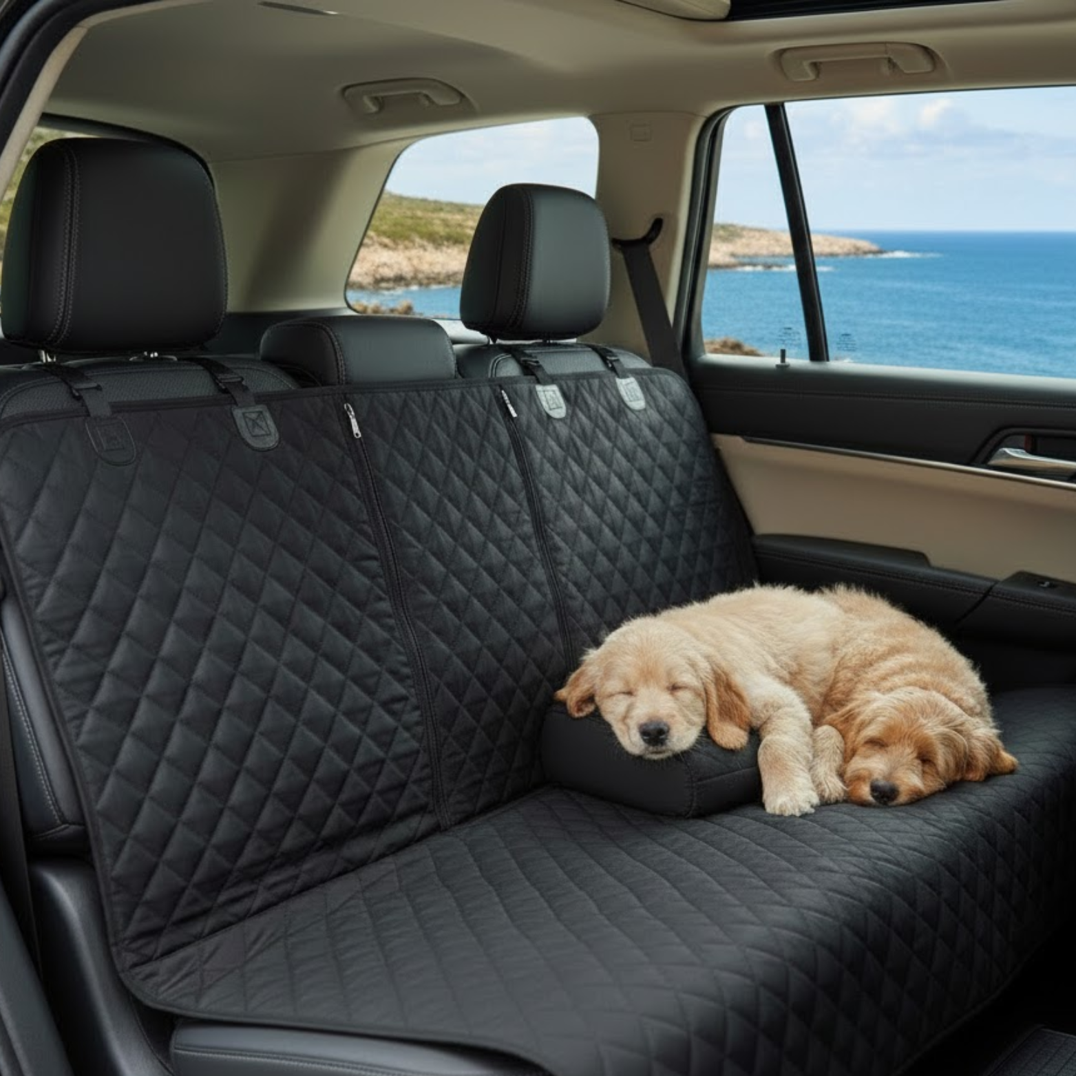 Waterproof Dog Car Seat Protector with Middle Armrest Access and Quilted Padding