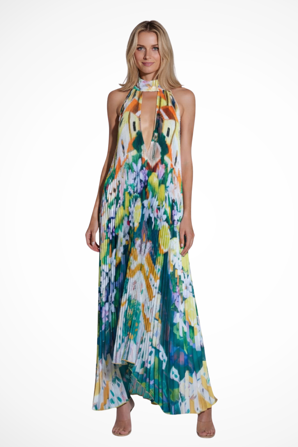 Printed Pleated Halter Neck Maxi Dress with Front Keyhole Detail Evening Gown