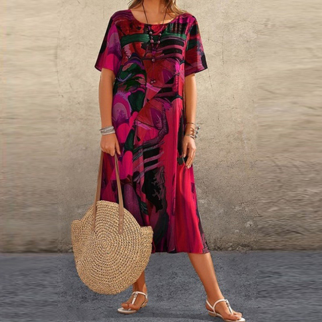 Printed Short Sleeve Midi Dress