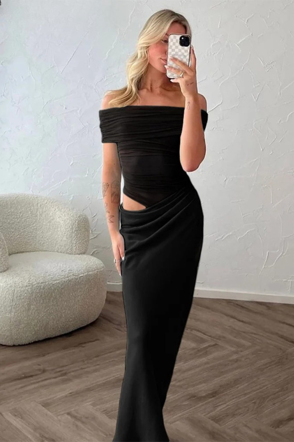 Off Shoulder Mesh Maxi Dress Ruched Bodycon Wedding Guest Evening Dress