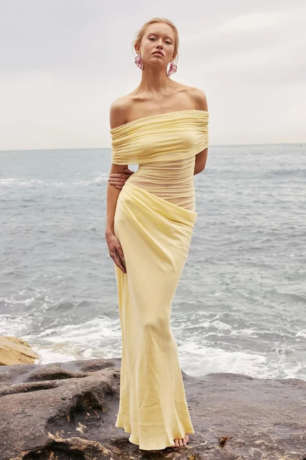 Off Shoulder Mesh Maxi Dress Ruched Bodycon Wedding Guest Evening Dress