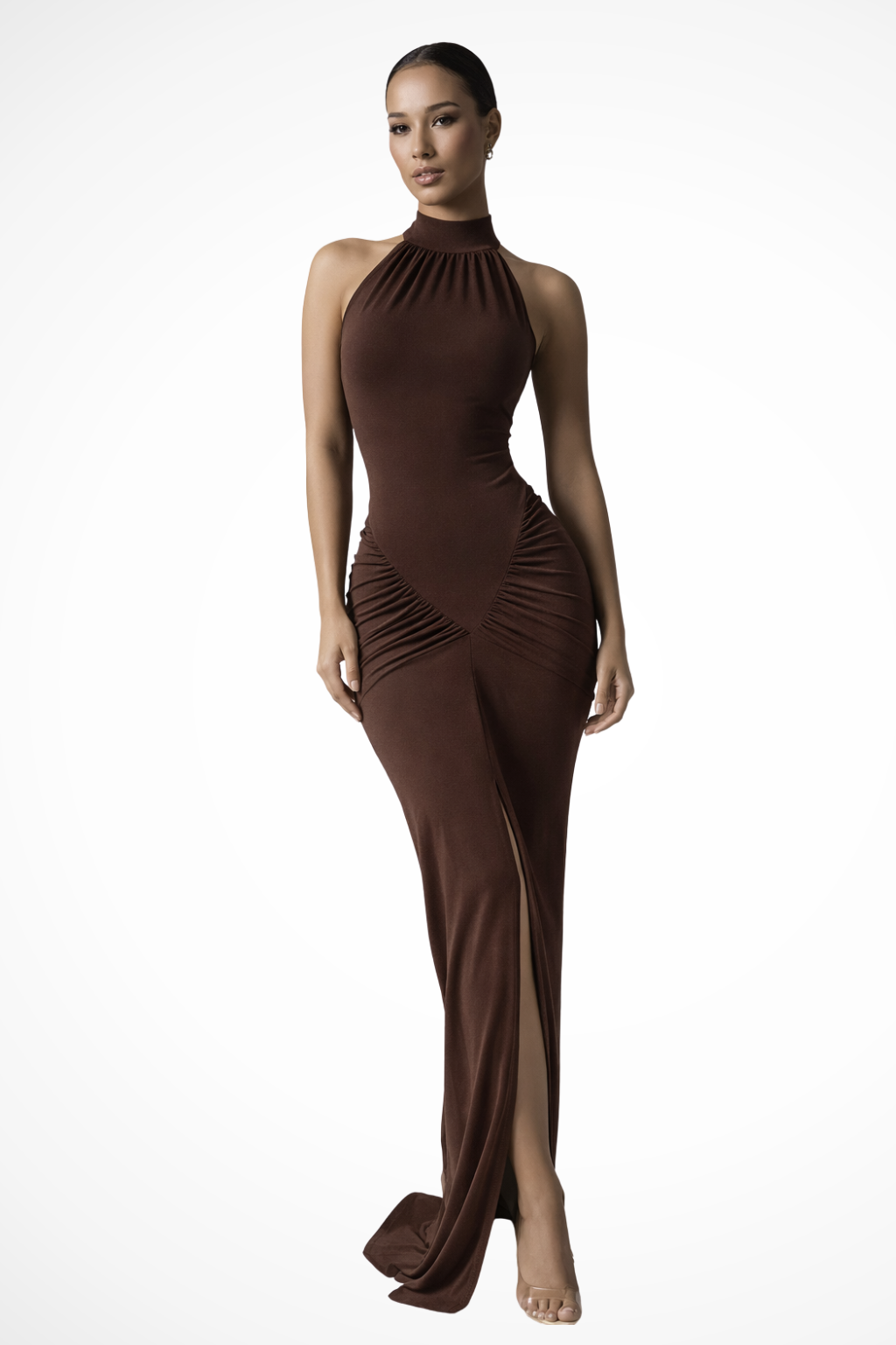 Halter Neck Maxi Dress with Ruched Hip and Front Slit Sleeveless Bodycon Evening Gown