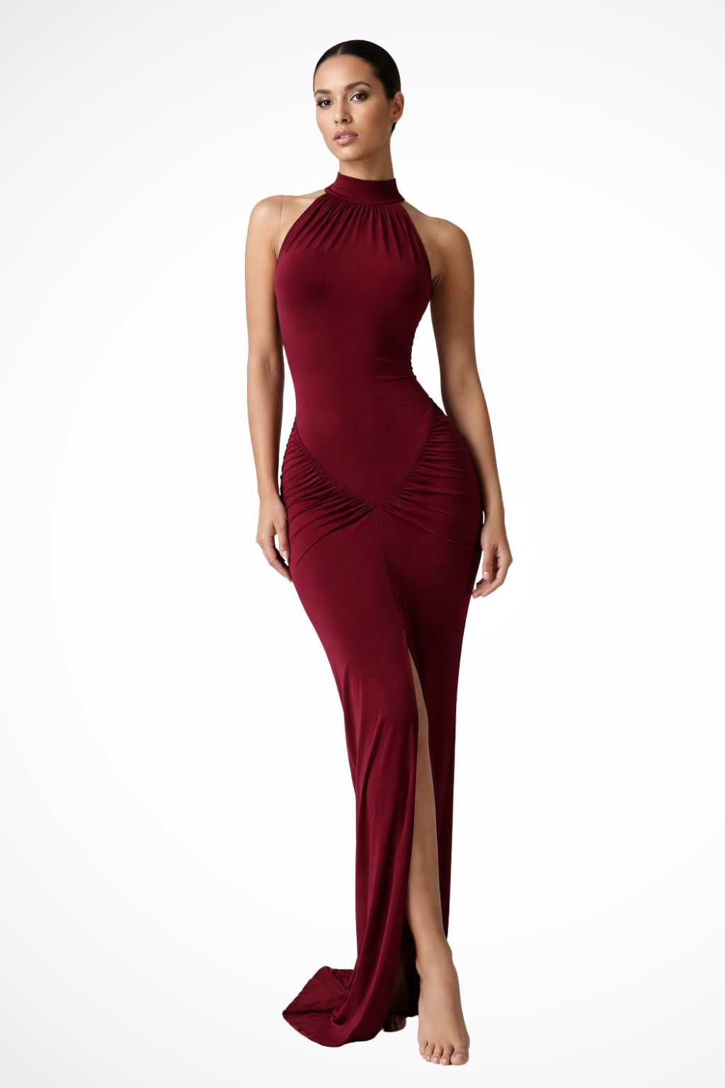 Halter Neck Maxi Dress with Ruched Hip and Front Slit Sleeveless Bodycon Evening Gown