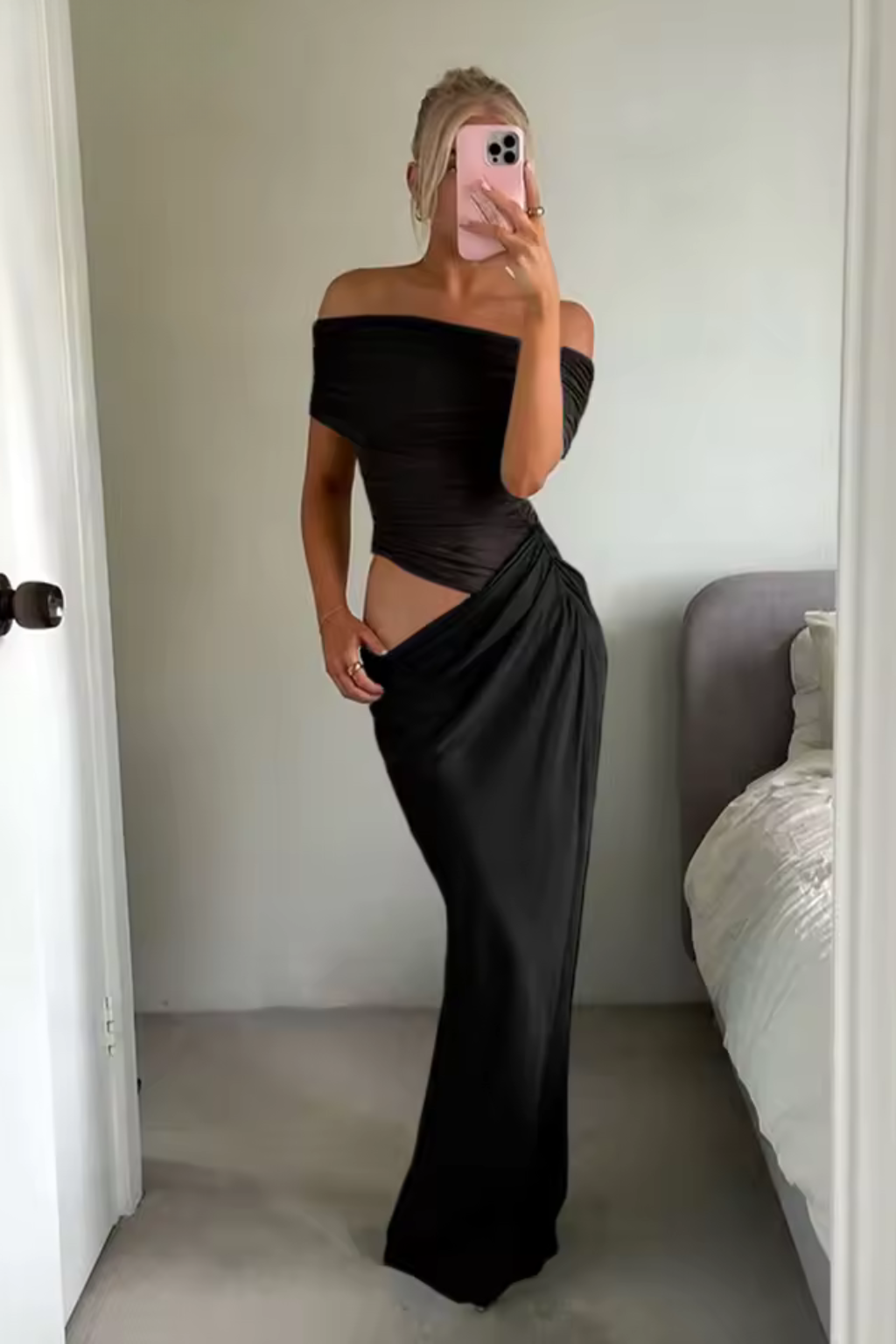Off Shoulder Mesh Maxi Dress Ruched Bodycon Wedding Guest Evening Dress