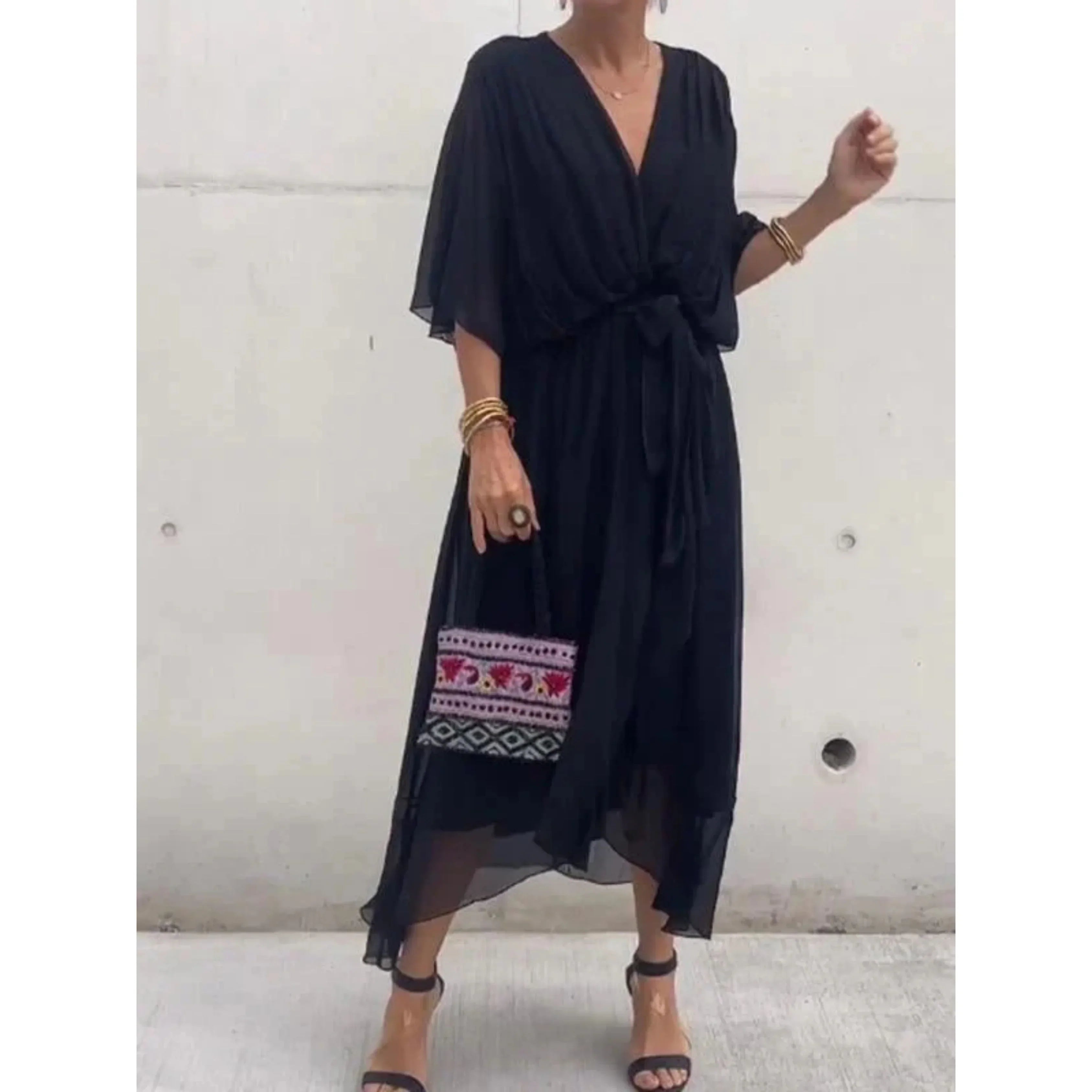 V-Neck Midi Dress With Belt