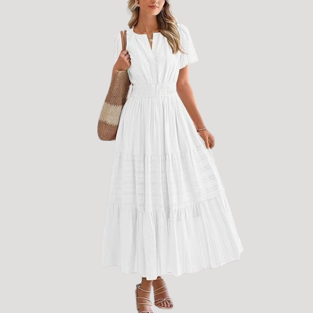 Short Sleeve V Neck Smocked Maxi Dress Tiered Lightweight Woven Day Gown