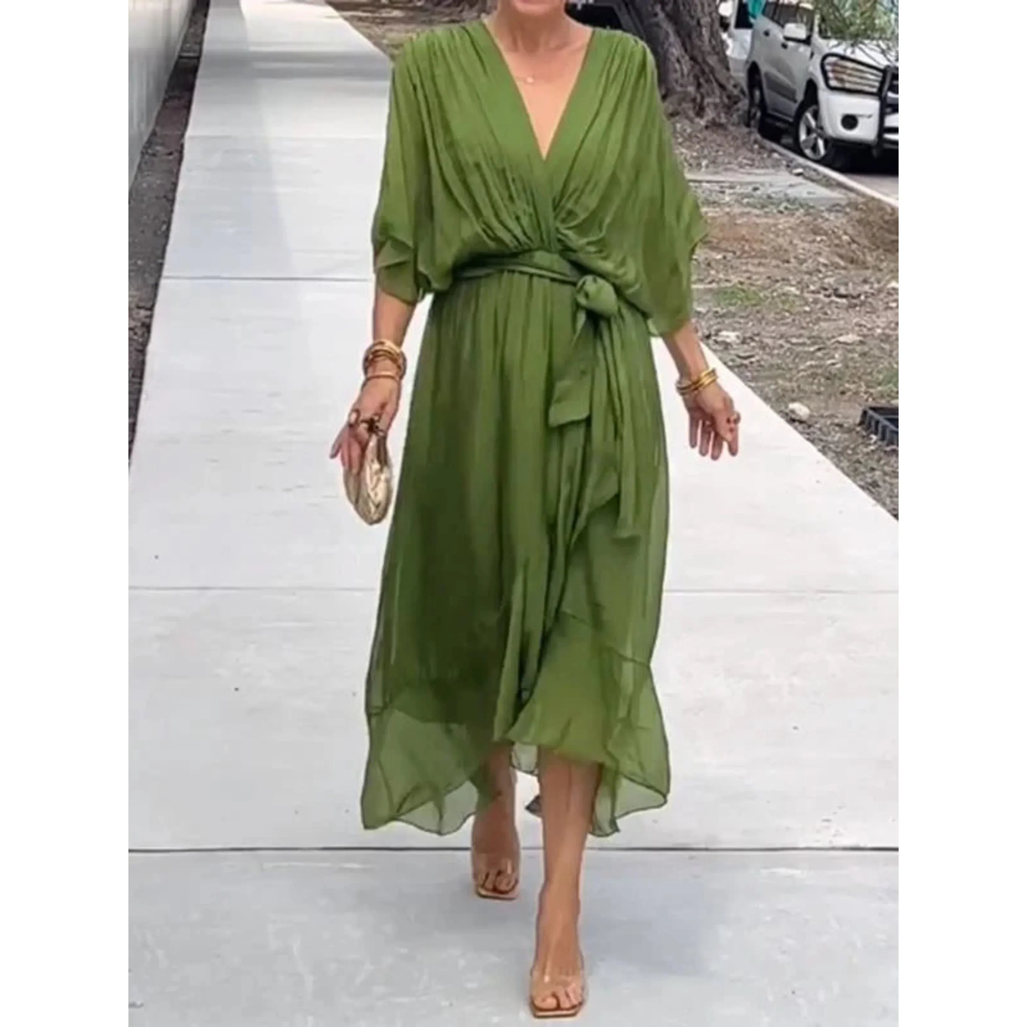 V-Neck Midi Dress With Belt