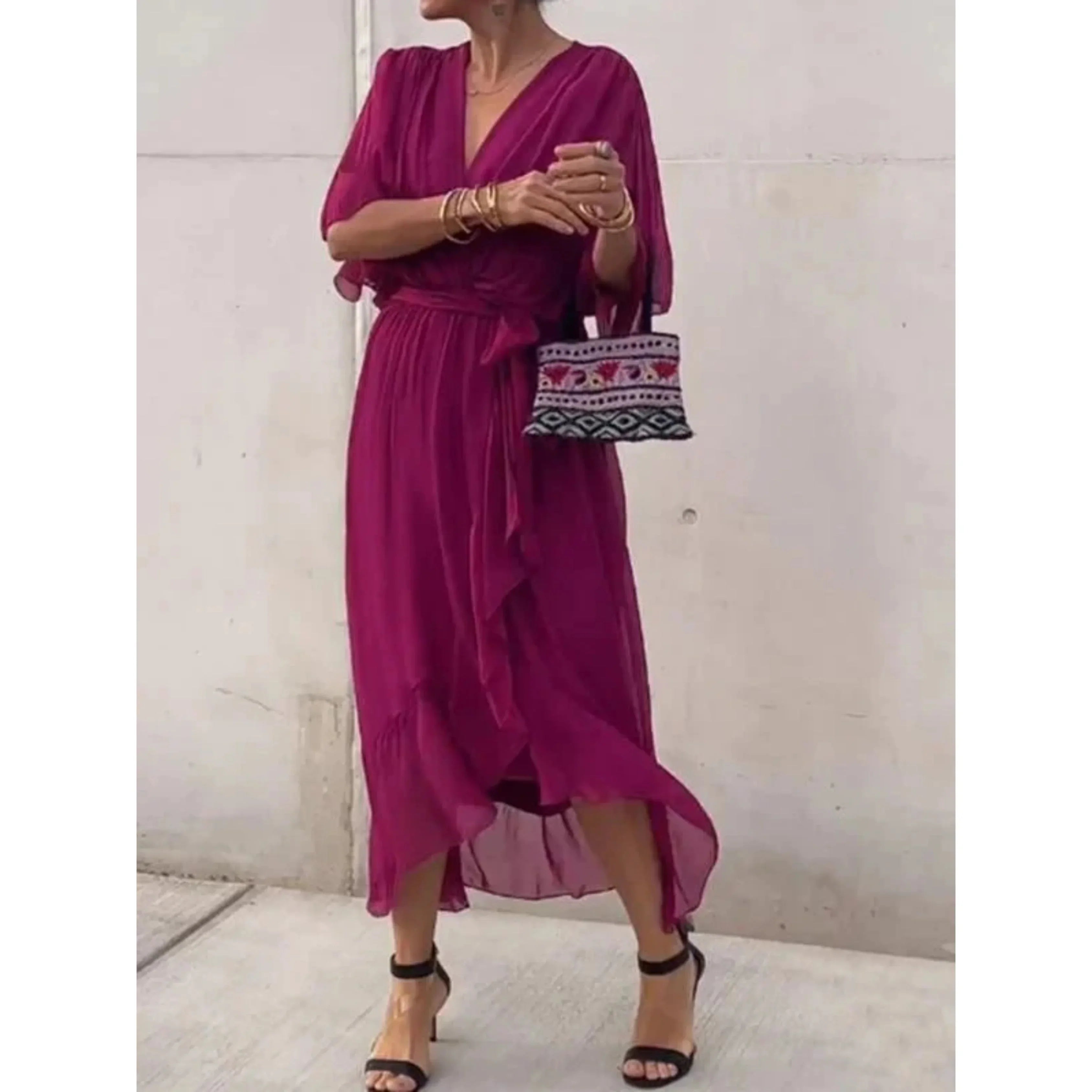 V-Neck Midi Dress With Belt