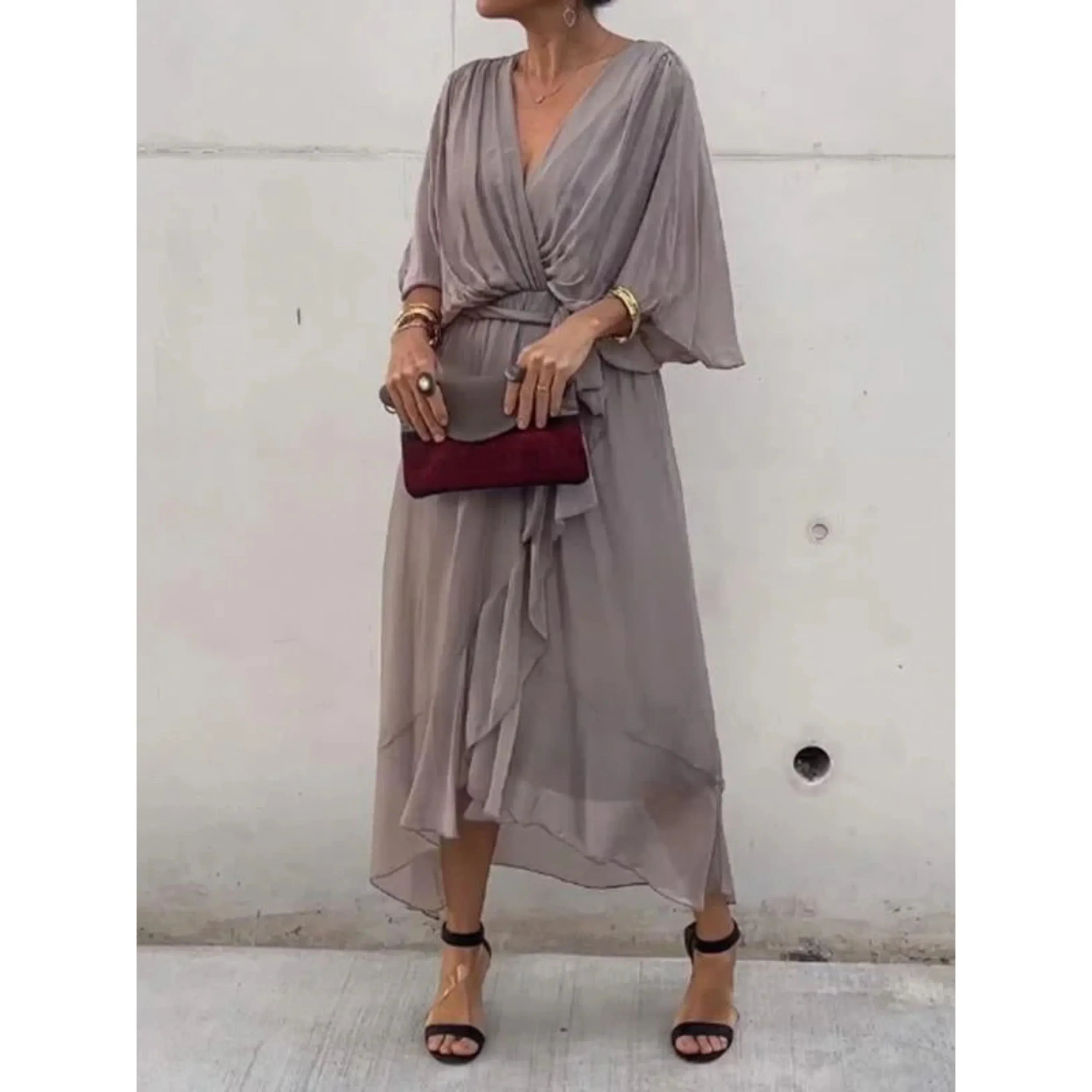 V-Neck Midi Dress With Belt