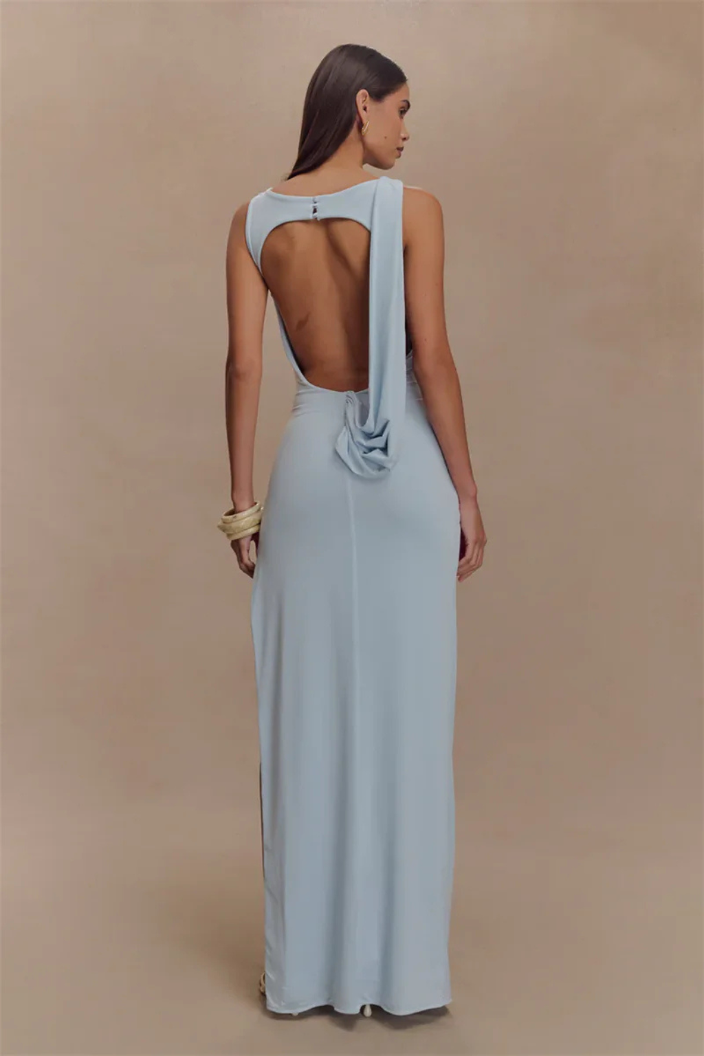 Sleeveless Round Neck Ruched Maxi Dress with Backless Design and Side Slit