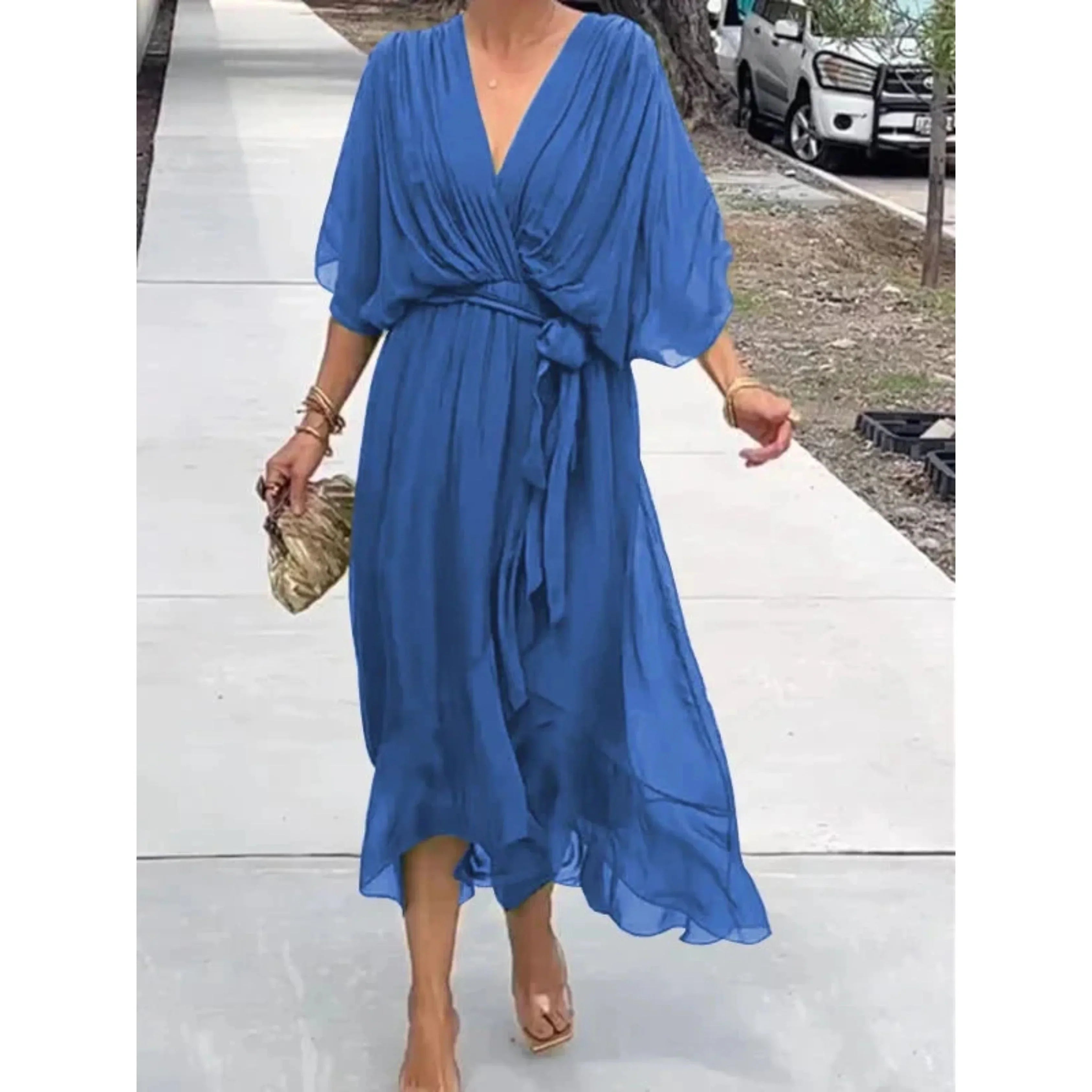 V-Neck Midi Dress With Belt