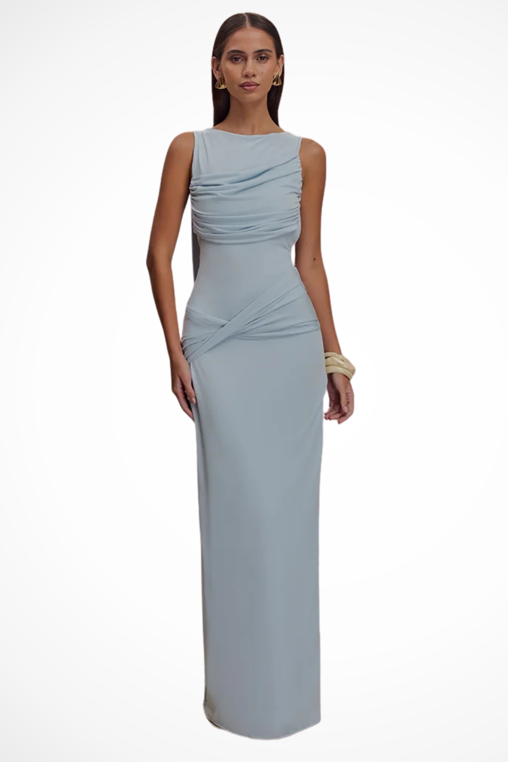 Sleeveless Round Neck Ruched Maxi Dress with Backless Design and Side Slit