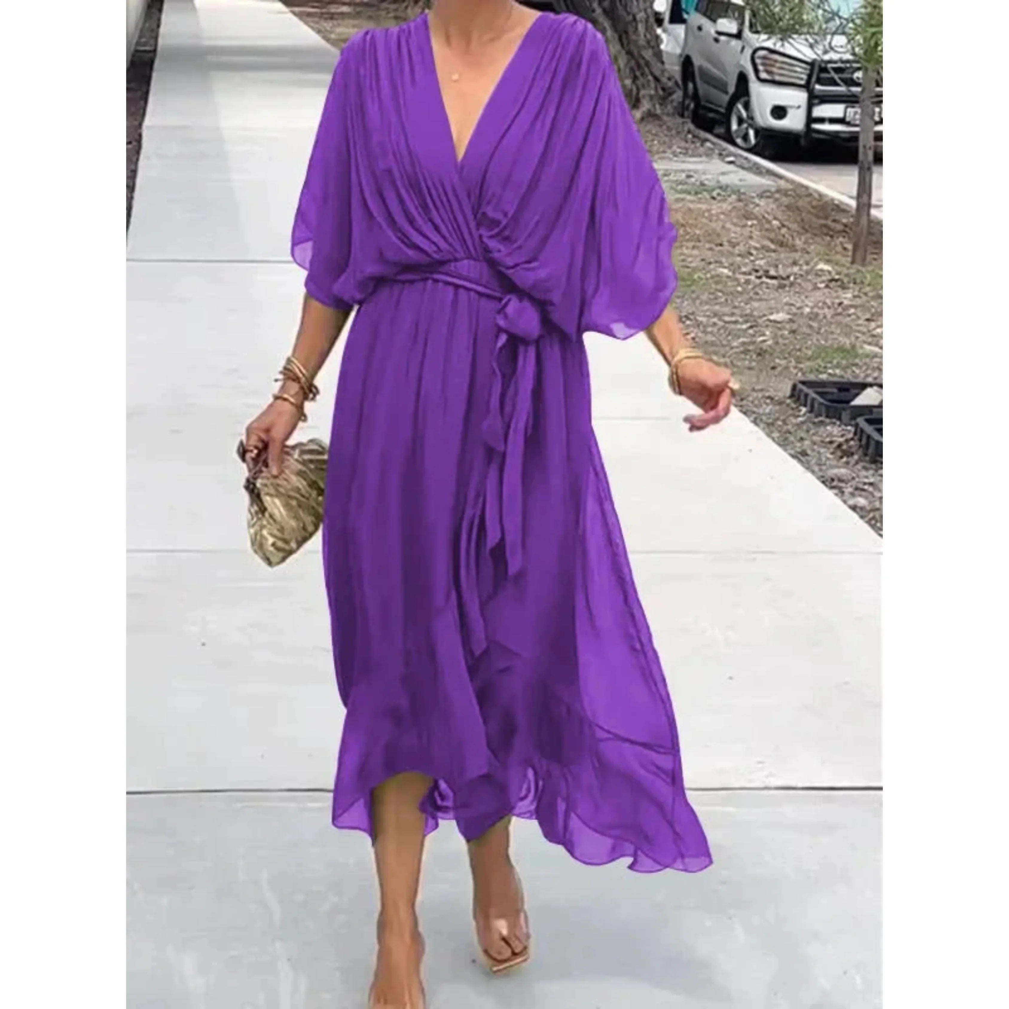 V-Neck Midi Dress With Belt