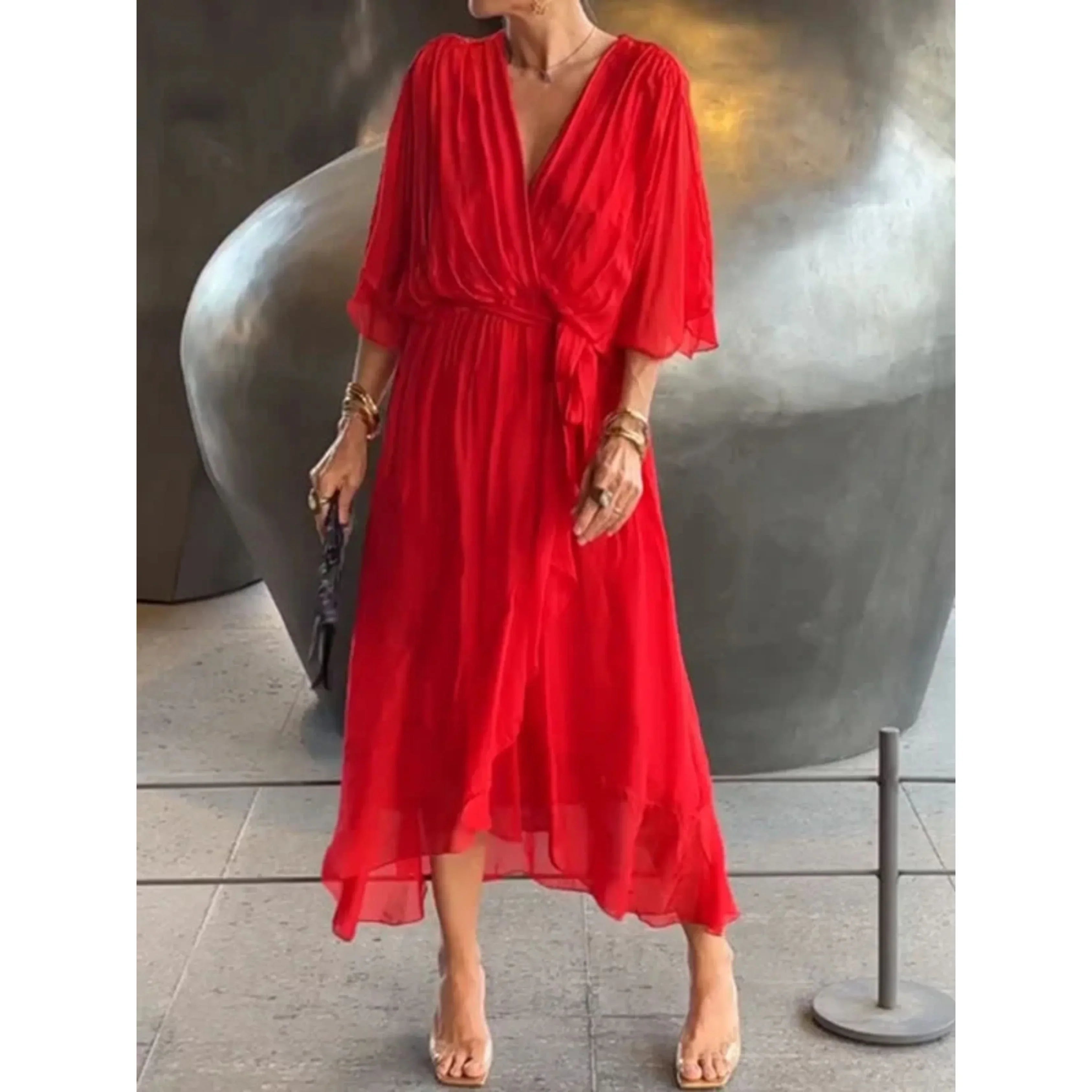 V-Neck Midi Dress With Belt