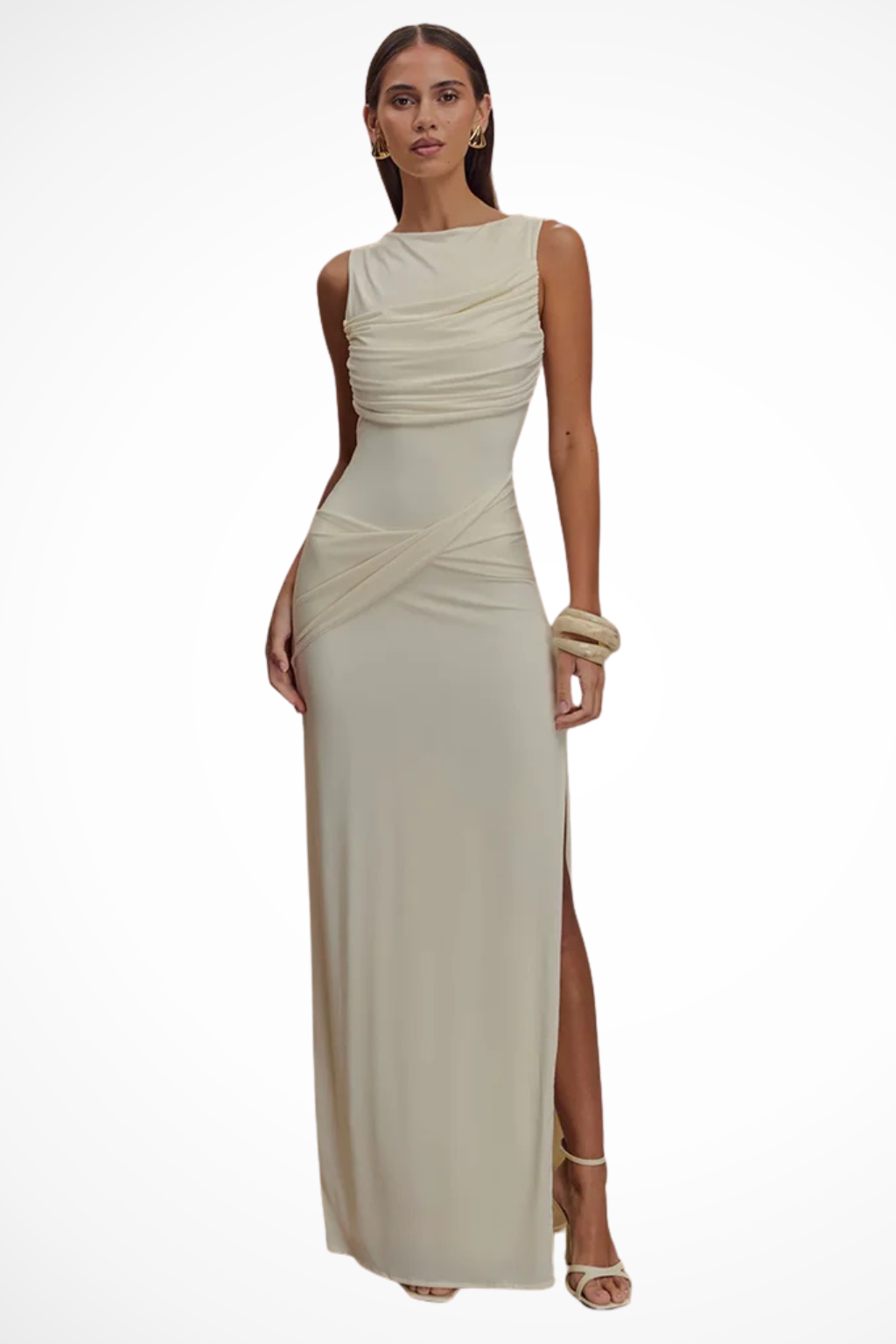 Sleeveless Round Neck Ruched Maxi Dress with Backless Design and Side Slit