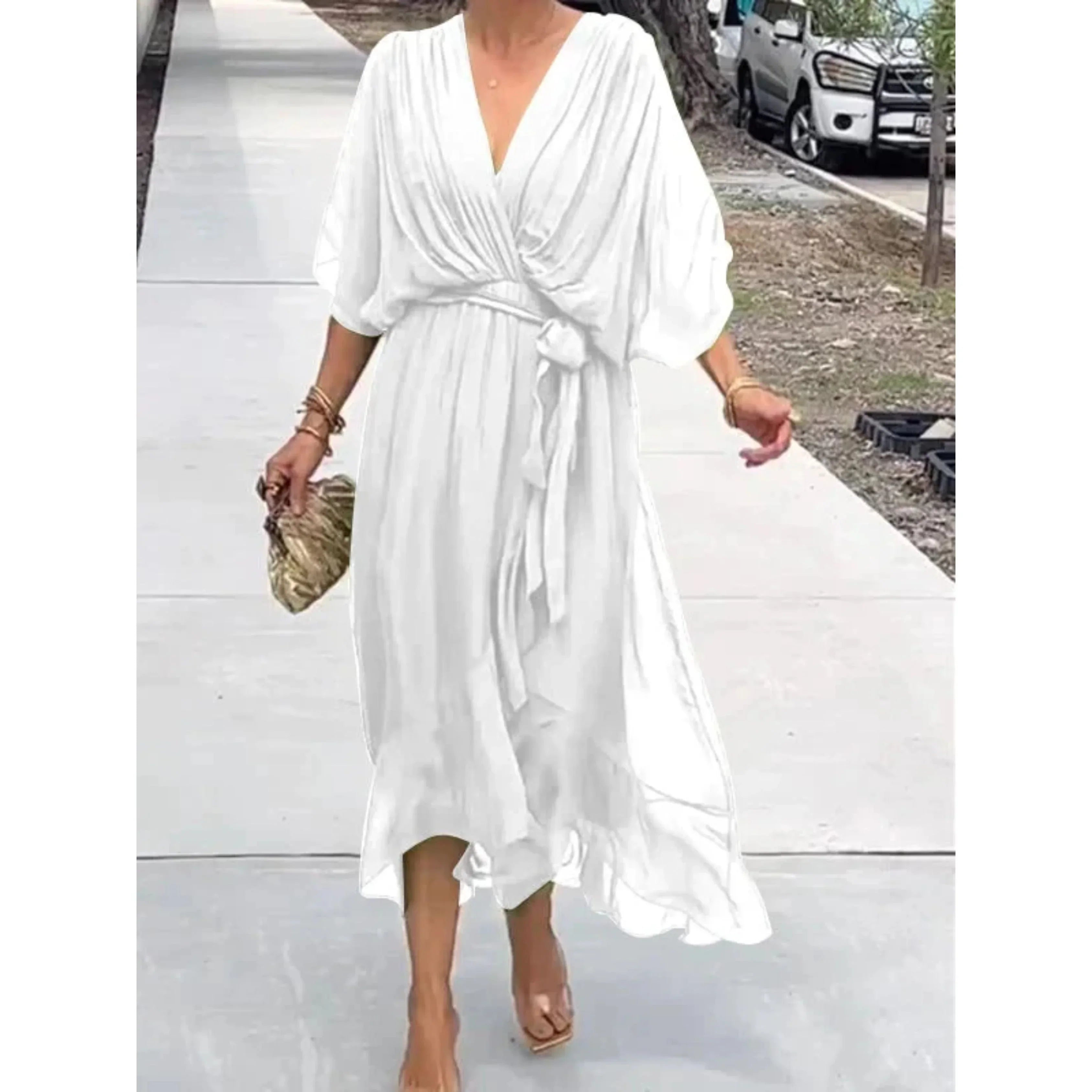 V-Neck Midi Dress With Belt