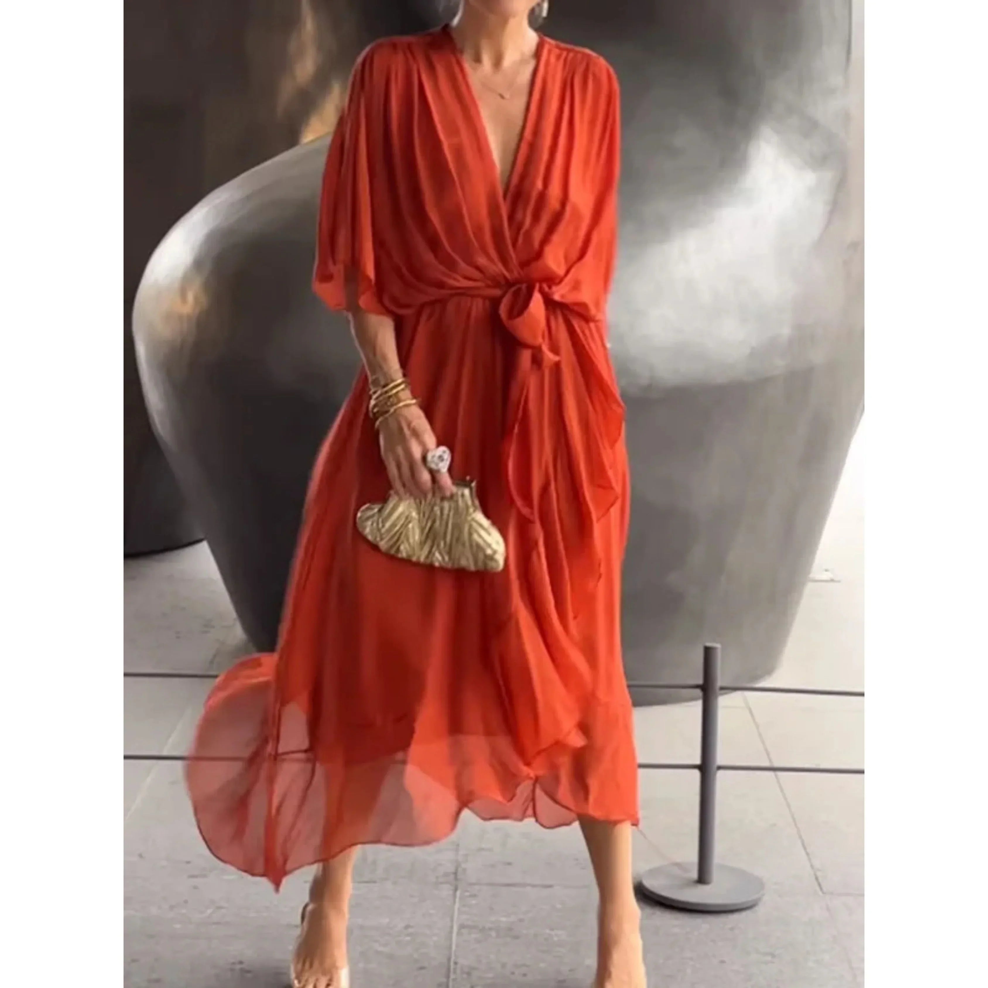 V-Neck Midi Dress With Belt