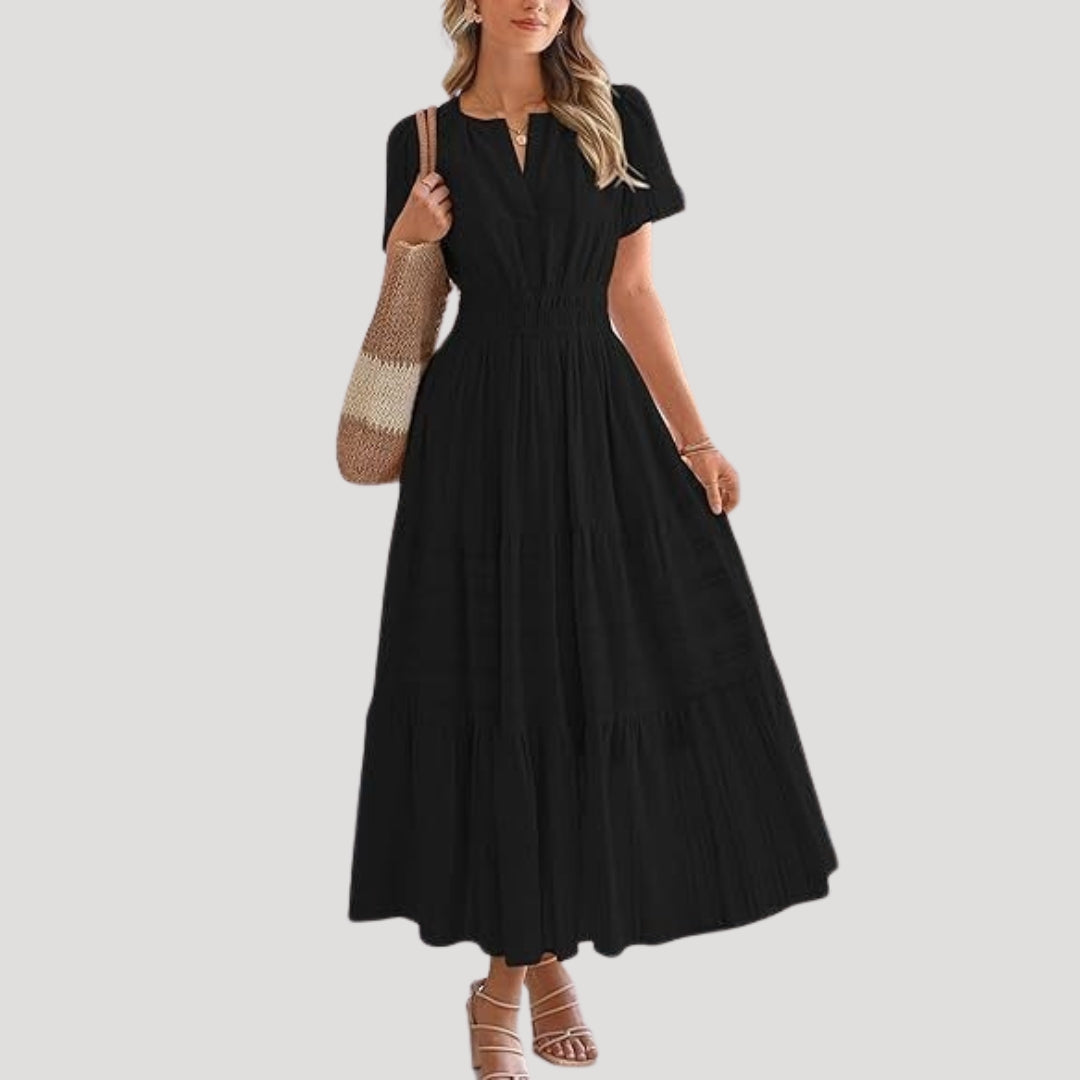 Short Sleeve V Neck Smocked Maxi Dress Tiered Lightweight Woven Day Gown