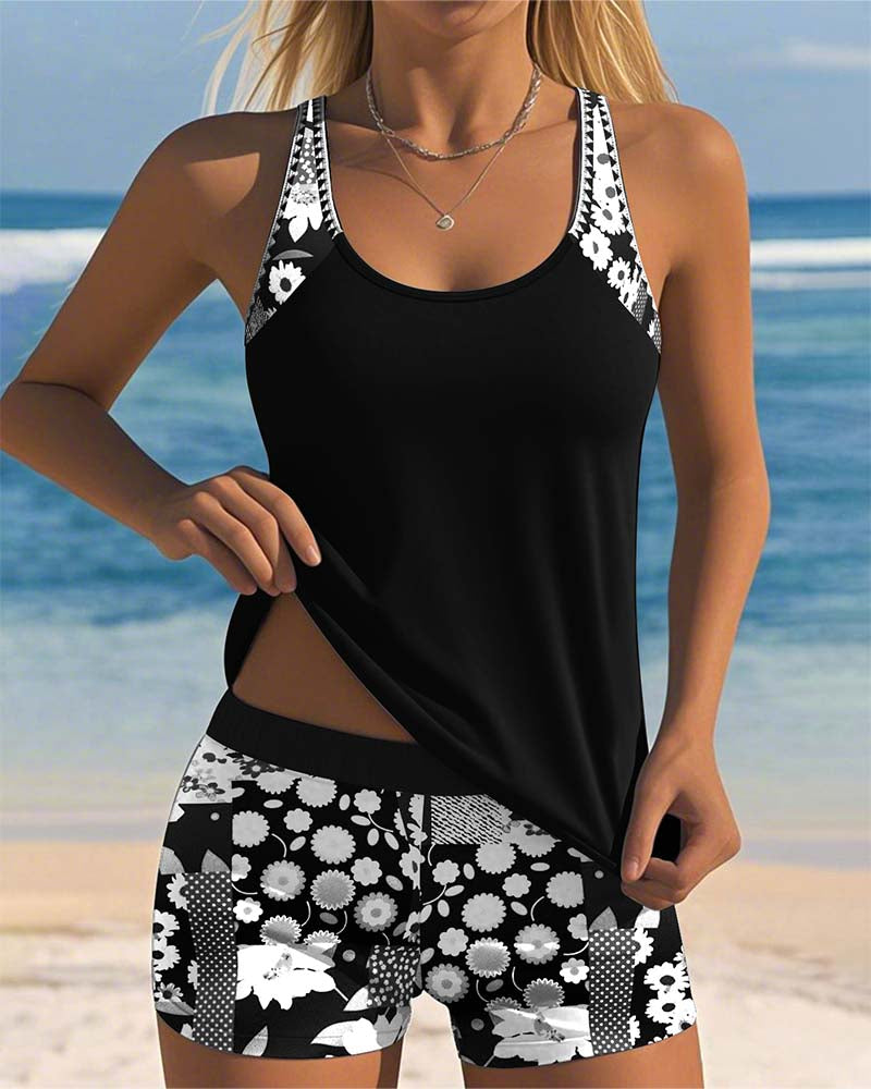 Two-piece swimsuit with shorts — floral tankini for beach vacation