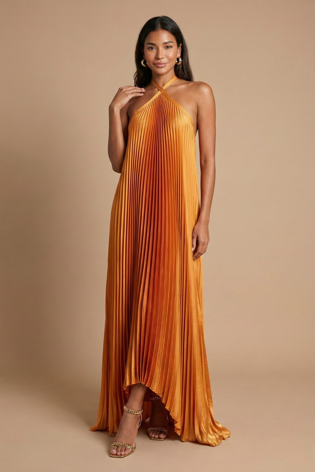 Halter Neck Pleated Maxi Dress Open Back Tie Closure Relaxed Flowing Evening Gown