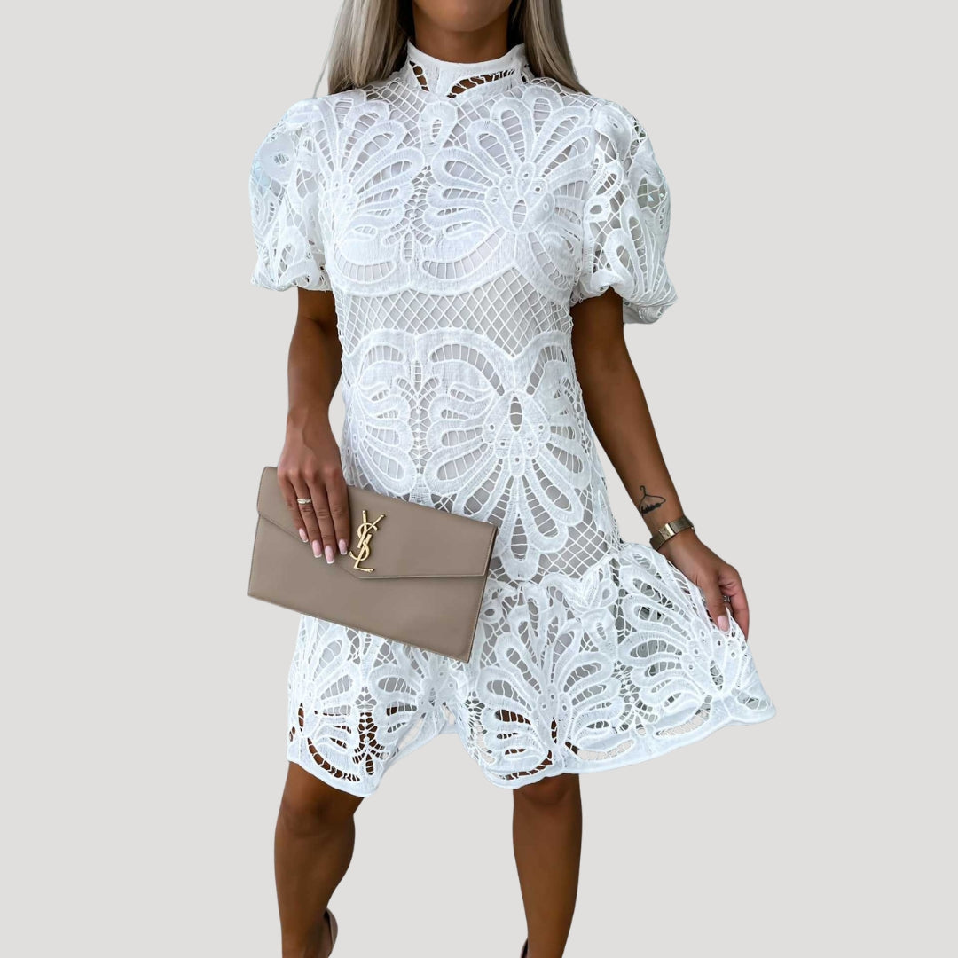 Puff Sleeve Lace Mini Dress with High Neck for Women Occasion Party Gown