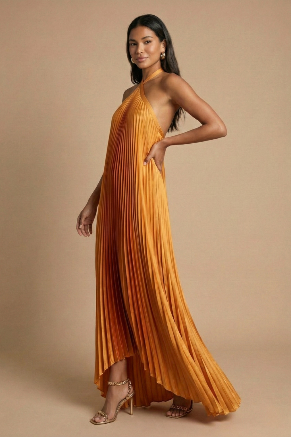 Women's halter neck dress - open back pleated design - formal events