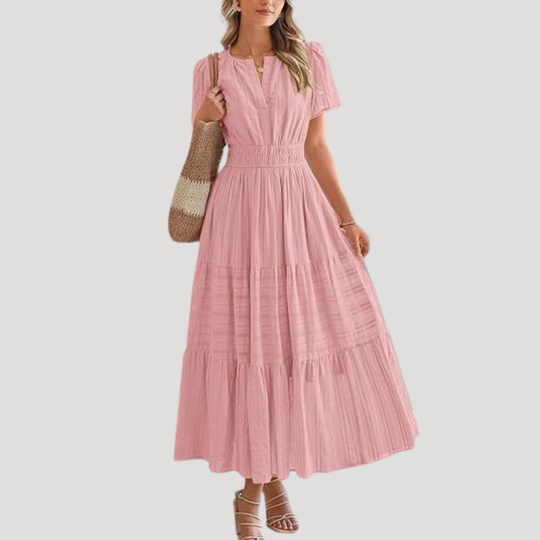 Short Sleeve V Neck Smocked Maxi Dress Tiered Lightweight Woven Day Gown