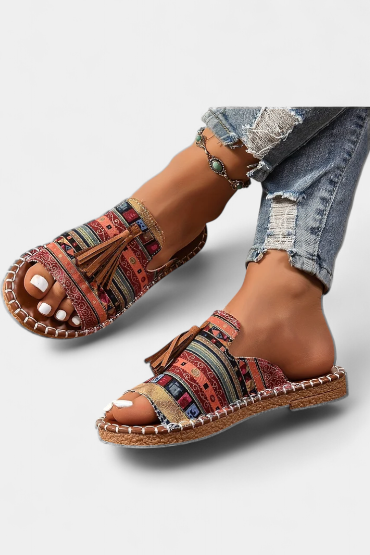 Woven Tassel Flat Slide Sandals