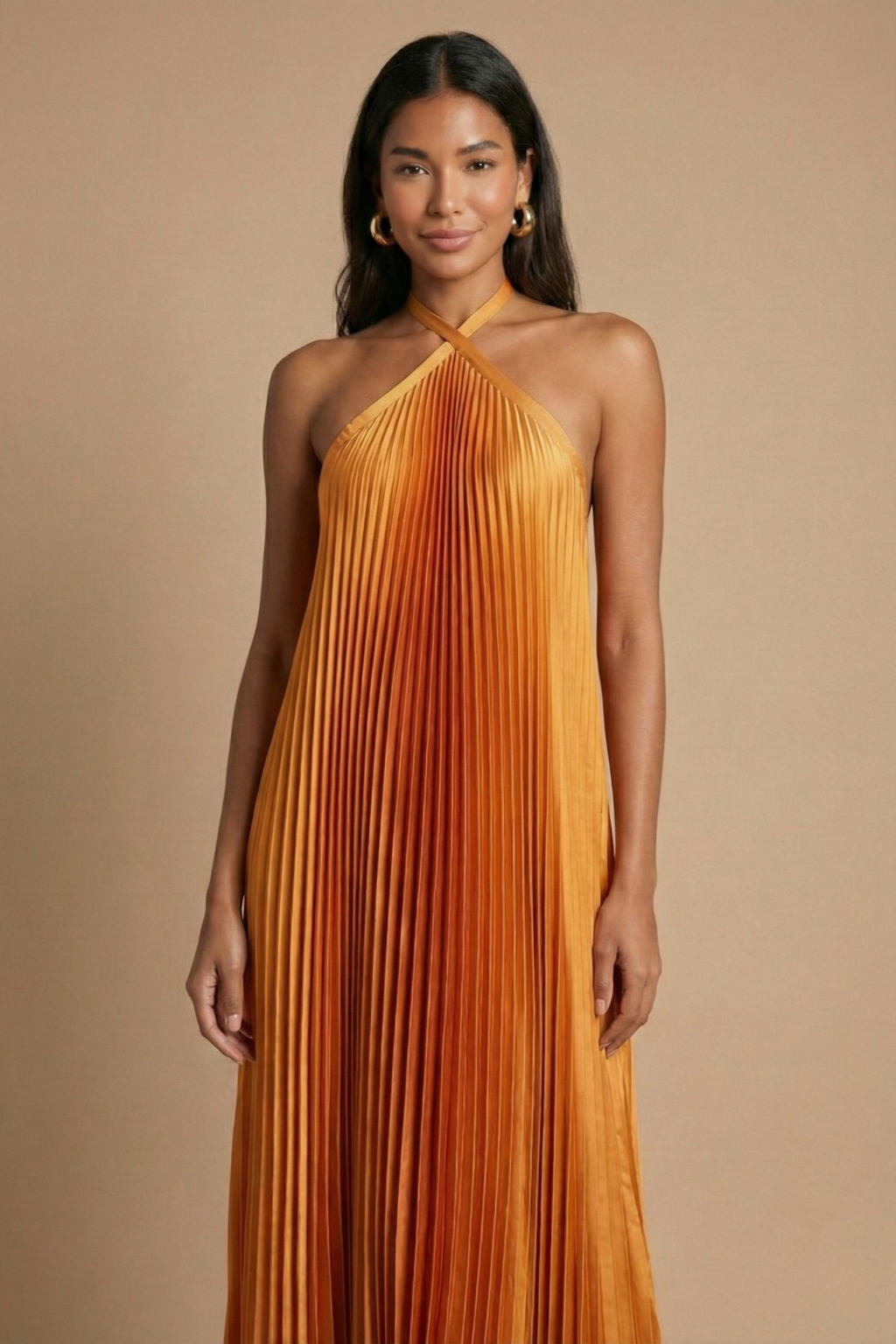 Halter Neck Pleated Maxi Dress Open Back Tie Closure Relaxed Flowing Evening Gown