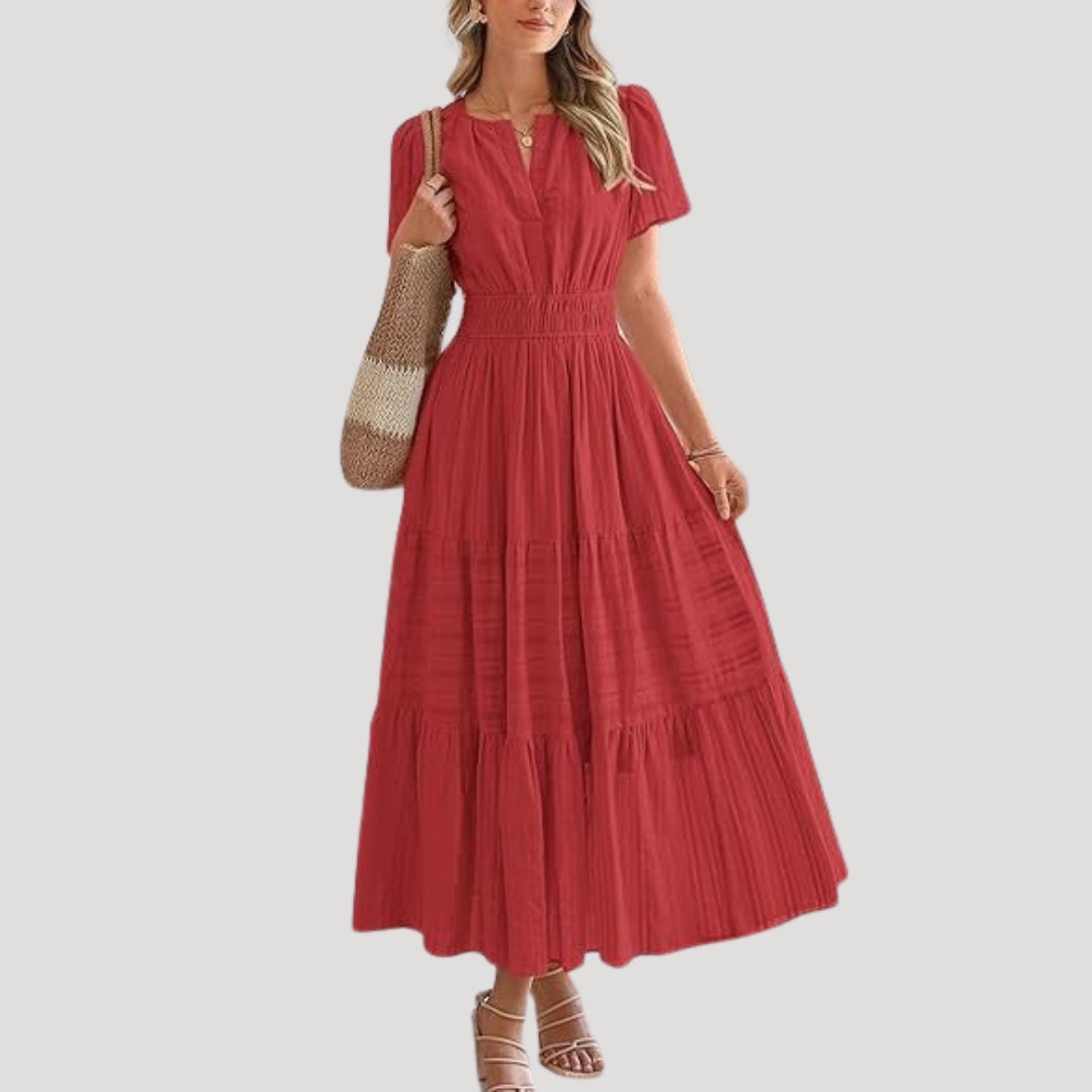 Short Sleeve V Neck Smocked Maxi Dress Tiered Lightweight Woven Day Gown