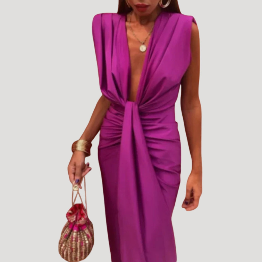 Women's Ruched Draped V-Neck Midi Dress Sleeveless Cocktail Party Gown