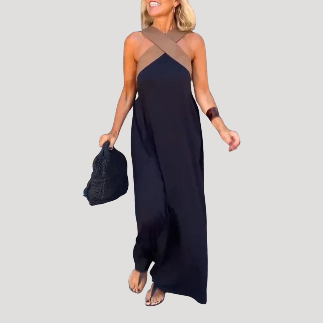 Halter Neck Sleeveless Maxi Dress with Cross Front Detail and Flowing Silhouette