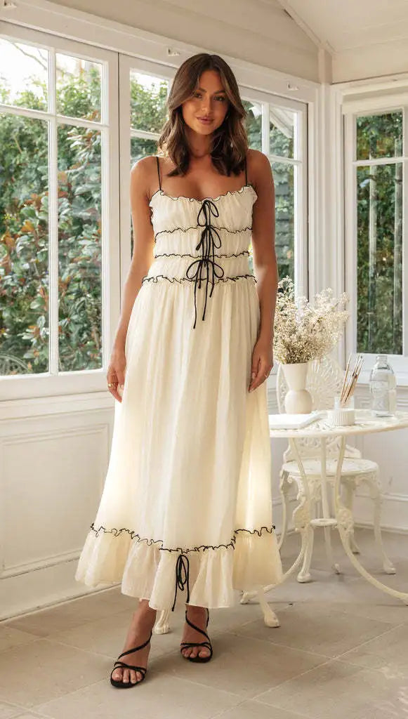 Boho Maxi Dress Spaghetti Strap Lace-Up Ruffle Hem Wedding Guest Summer Dress