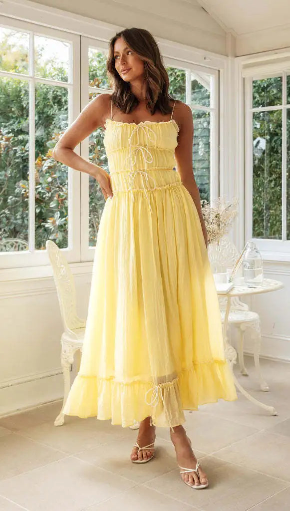 Boho Maxi Dress Spaghetti Strap Lace-Up Ruffle Hem Wedding Guest Summer Dress