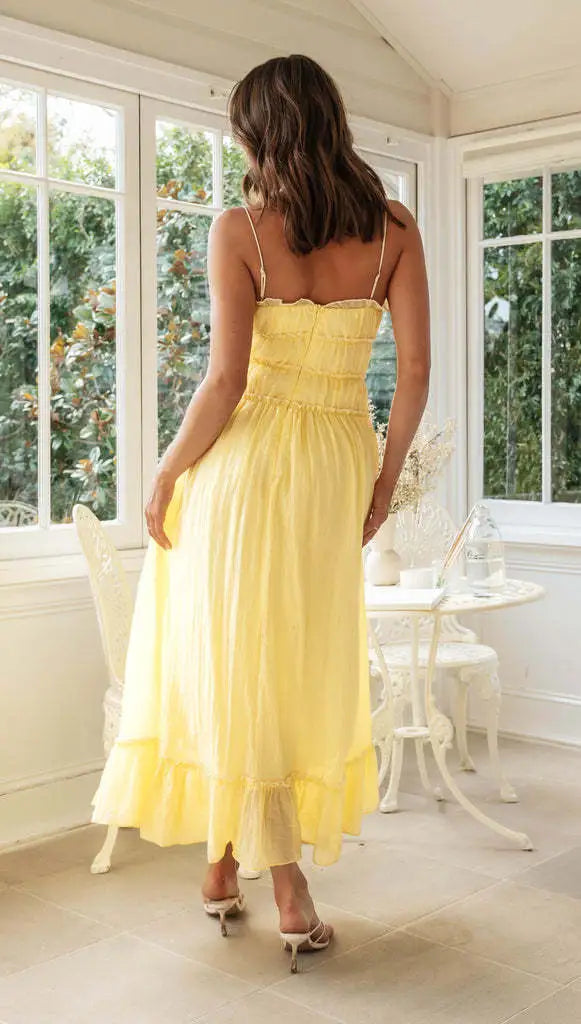 Boho Maxi Dress Spaghetti Strap Lace-Up Ruffle Hem Wedding Guest Summer Dress