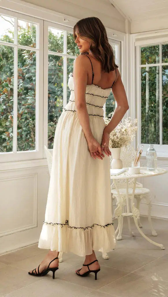 Boho Maxi Dress Spaghetti Strap Lace-Up Ruffle Hem Wedding Guest Summer Dress