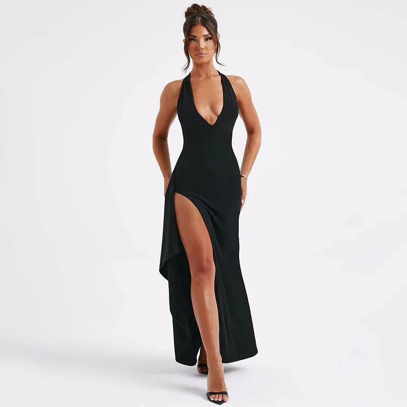 Halter Neck Maxi Dress Deep V-Neck Backless Front Split Evening Party Dress