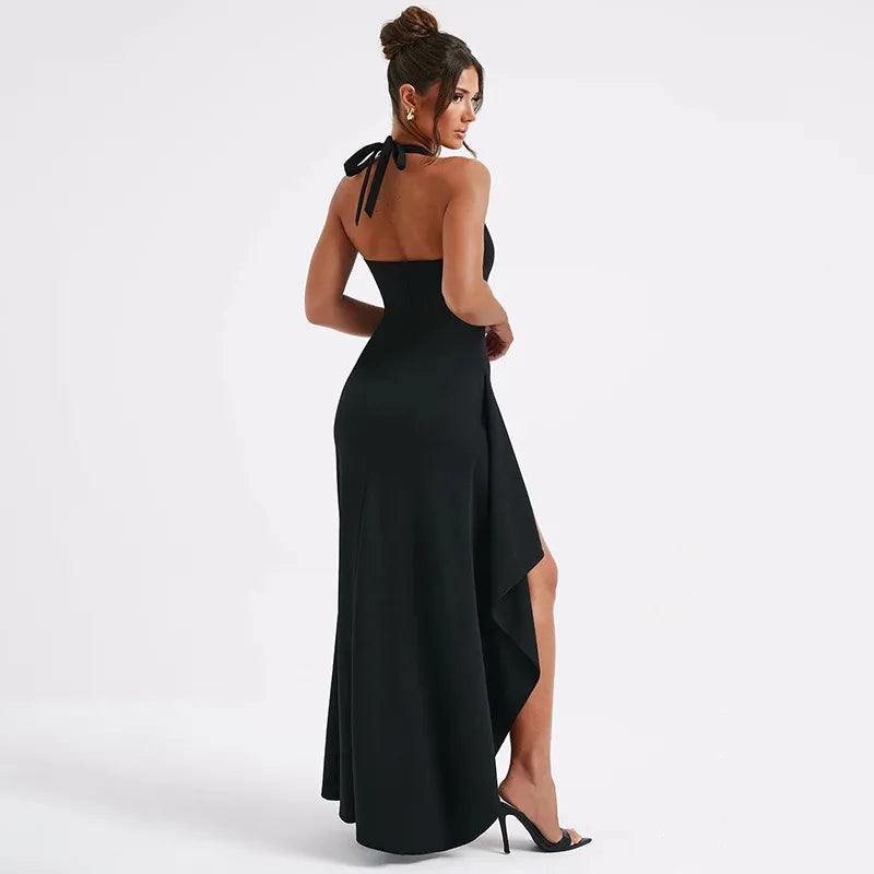 Halter Neck Maxi Dress Deep V-Neck Backless Front Split Evening Party Dress