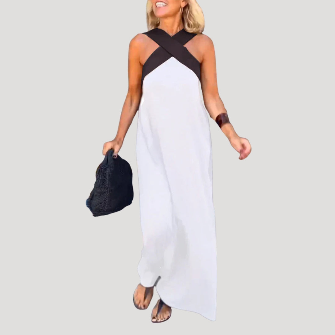 Halter Neck Sleeveless Maxi Dress with Cross Front Detail and Flowing Silhouette