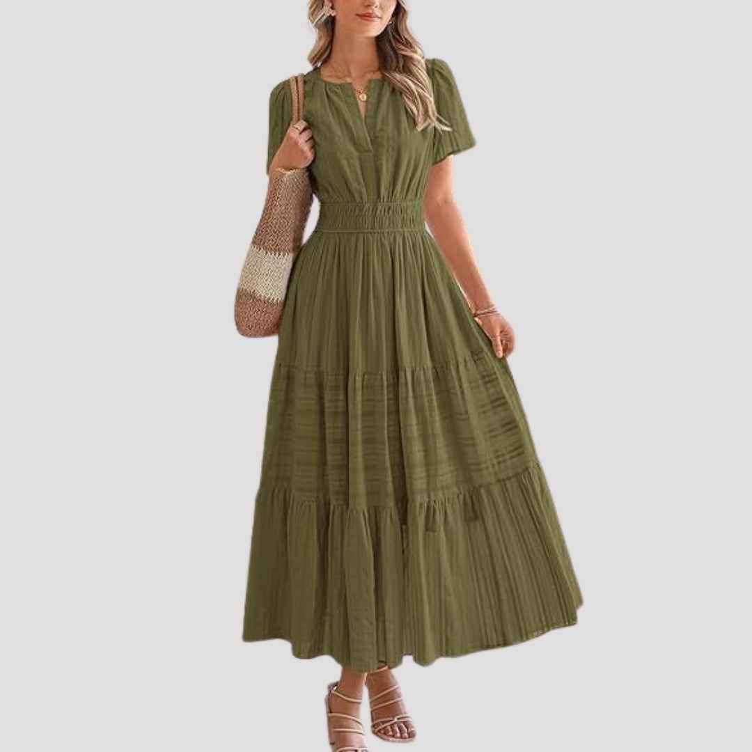 Short Sleeve V Neck Smocked Maxi Dress Tiered Lightweight Woven Day Gown