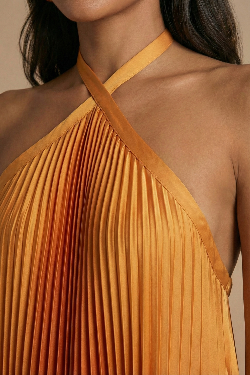 Halter Neck Pleated Maxi Dress Open Back Tie Closure Relaxed Flowing Evening Gown