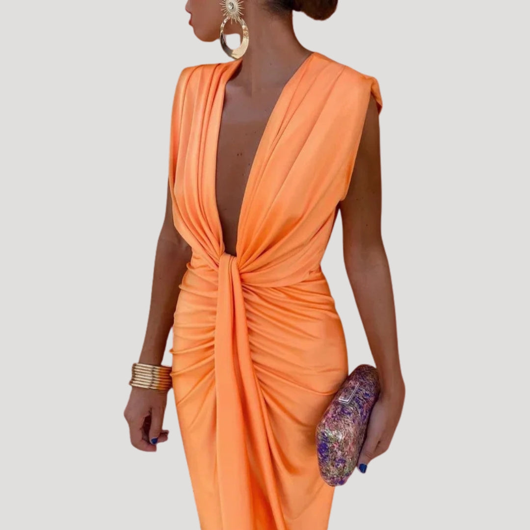 Women's Ruched Draped V-Neck Midi Dress Sleeveless Cocktail Party Gown