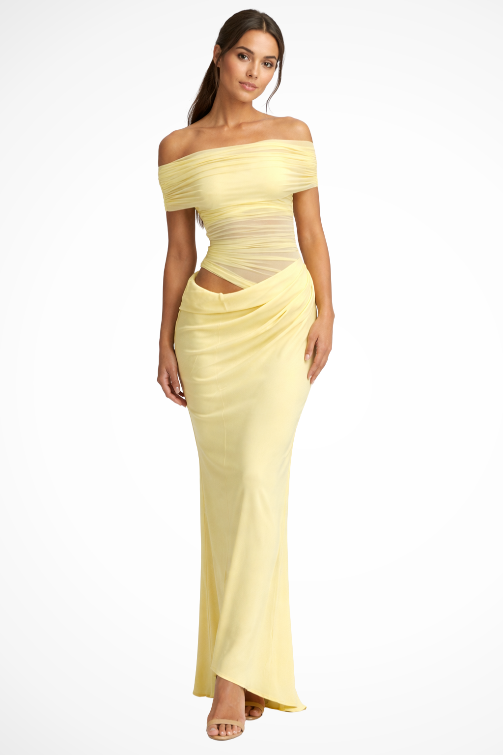 Off Shoulder Mesh Maxi Dress Ruched Bodycon Wedding Guest Evening Dress
