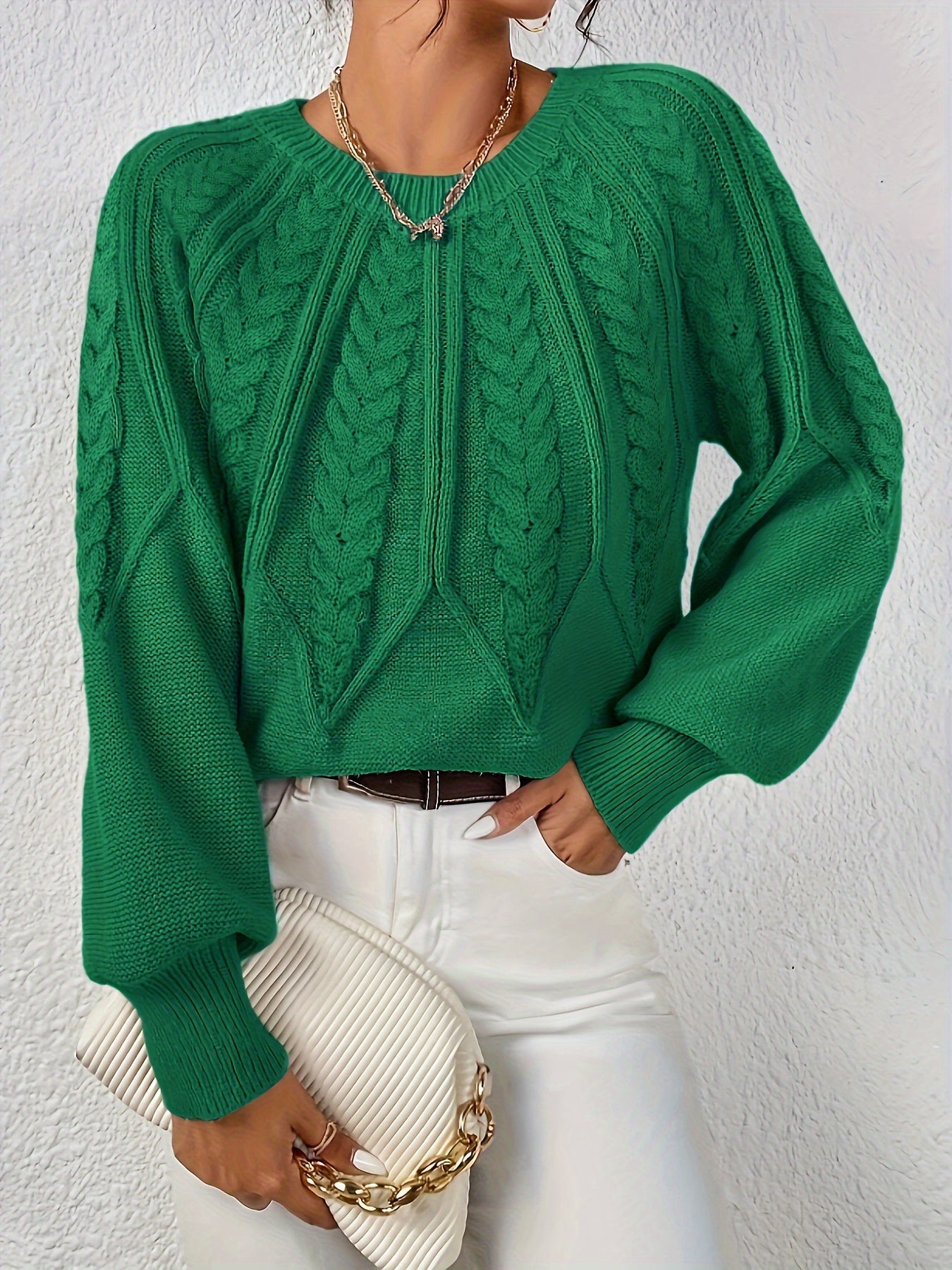 Women's Cable Knit Sweater with Relaxed Fit and Lantern Sleeves for Everyday Wear