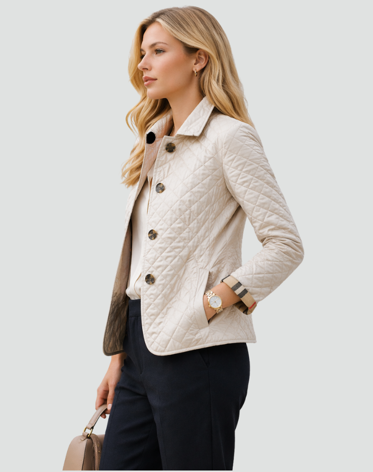 Women's Quilted Jacket Structured Collar Button Front Lightweight Casual